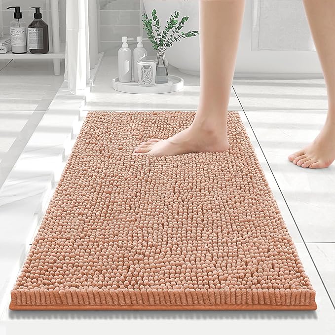 Smiry Luxury Chenille Bathroom Rugs 24x16, Extra Soft and Absorbent Shaggy Bath Mat, Machine Washable, Non-Slip Plush Carpet Runner for Tub, Shower, and Floor, Home Decor Accessories, Peach by Smiry