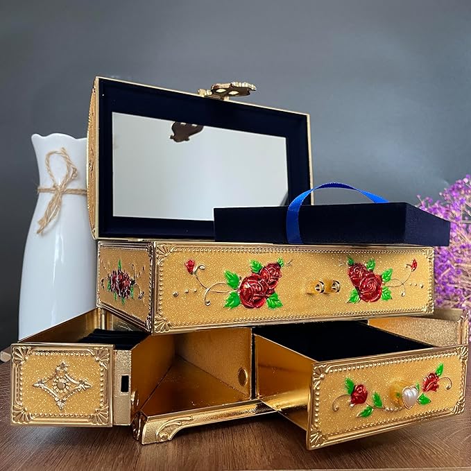 Retro Jewelry Box Arched Vintage Rectangular Metal Chest Necklace Ring Earrings Storage Case for Women Girls (Golden Starlight Yellow, XL Lock) - Image 3