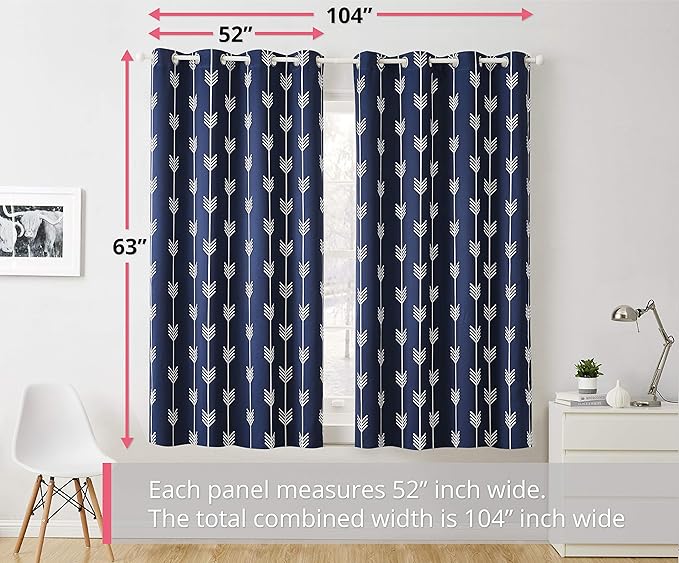 HLC.ME Arrow Printed Blackout Room Darkening Thermal Grommet Window Curtain Drape Panels for Living Room - Set of 2 - Navy Blue - 63" inch Long - Image 3