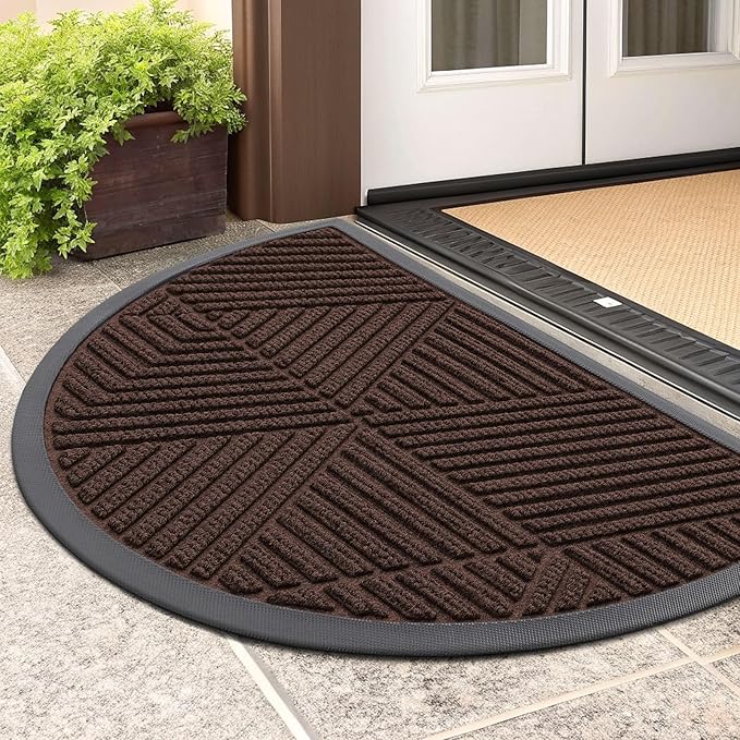 Smiry Half Circle Front Door Mat Outside Entrance, Heavy Duty Sturdy Natural Rubber Doormat, Trap Dirt and Moisture, Low Profile Mats for Indoor Outdoor Entry, Irregular Triangle (29.5x17, Dark Brown) by Smiry