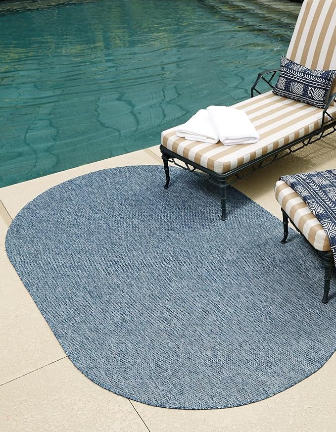 Unique Loom Collection Casual Transitional Solid Heathered Indoor/Outdoor Flatweave Area Rug (3' 3" x 5' 3" Oval, Blue/Navy Blue) by UniqueLoom