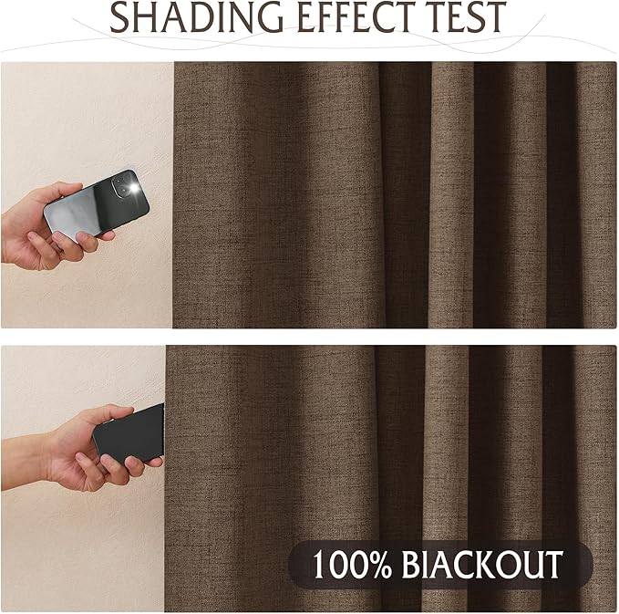 RYB HOME 100% Blackout Linen Textured Curtains 108 inches Long, Thermal Insulating Privacy Energy Saving for Bedroom Living Room Window Office Theater Patio Door, W 52 x L 108 in, Coffee, 2 Panels - Image 4