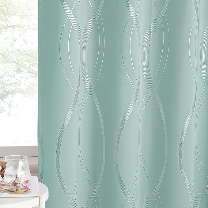 NICETOWN Aqua Blue Curtain Panels 63 inch Long for Dining Room and Patio, W52 x L63 inch, Wave Line Foil Print Design Pattern Drapes for Apartment Wall Decor, 2 Panels by NICETOWN