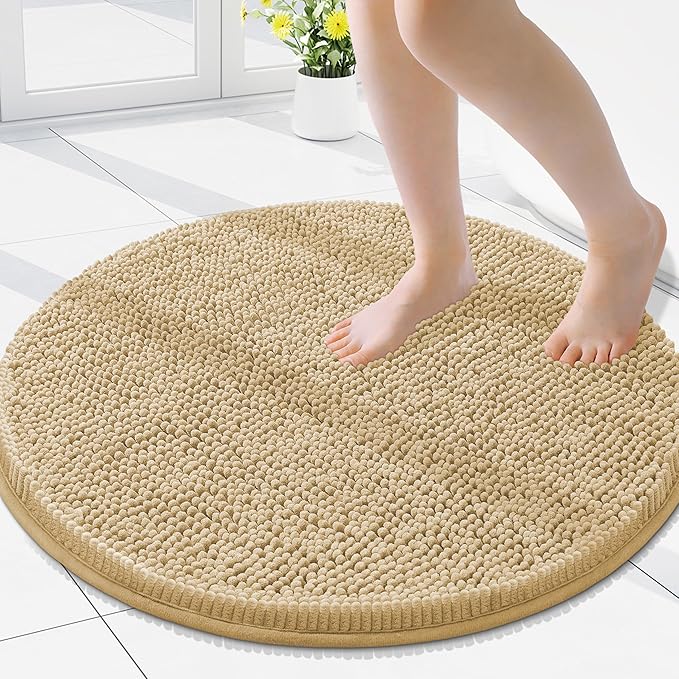 Smiry Luxury Chenille Round 24x24, Extra Soft and Absorbent Shaggy Bathroom Mat Rugs, Machine Washable, Non-Slip Plush Carpet for Tub, Shower, and Bath Room, Beige by Smiry