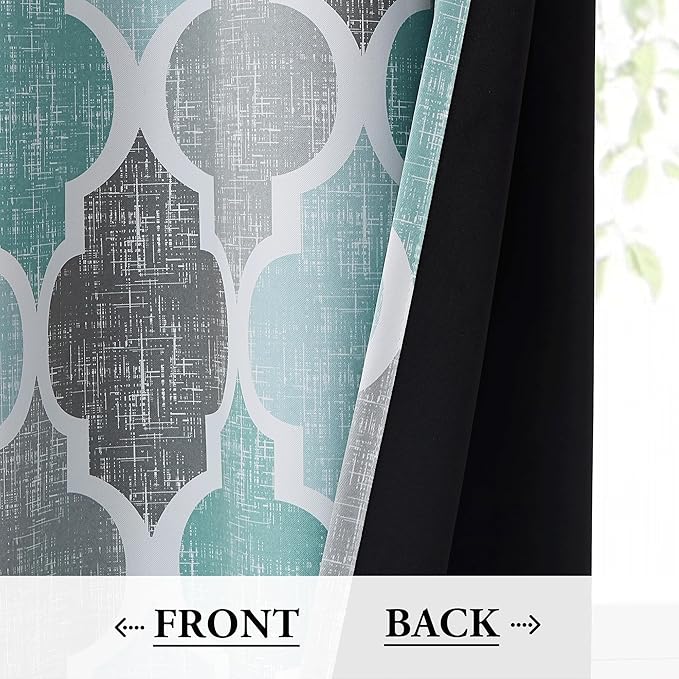 Beauoop 100% Blackout Curtains 90 Inches Long 2 Panels for Bedroom Living Room Aqua Grey Moroccan Geo Room Darkening Thermal Insulated Soundproof Grommet Top Window Treatments Drapes, 50x90 Set of 2 - Image 3