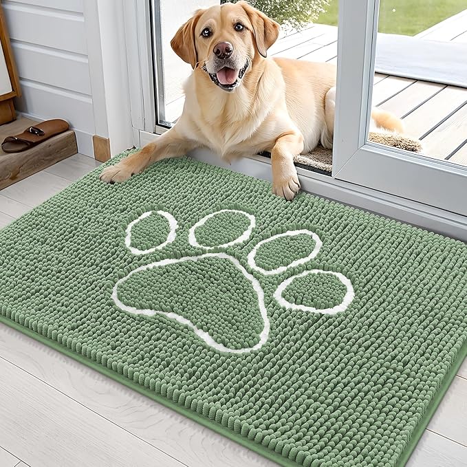 OLANLY Dog Door Mat for Muddy Paws 36x24, Paw Print Design, Absorbs Moisture and Dirt, Non-Slip Washable Doormat, Quick Dry Chenille Mud Mat, Entry Indoor Entryway Carpet, Olive Green and White by OLANLY
