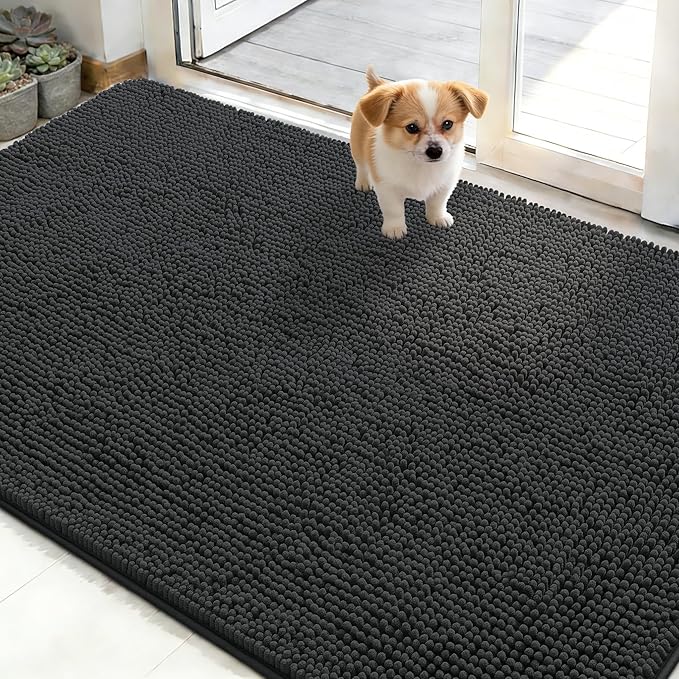 OLANLY Dog Door Mat for Muddy Paws 48x30, Absorbs Moisture and Dirt, Absorbent Non-Slip Washable Doormat, Quick Dry Chenille Mud Mat for Dogs, Entry Indoor Entryway Carpet for Inside Floor, Dark Grey by OLANLY