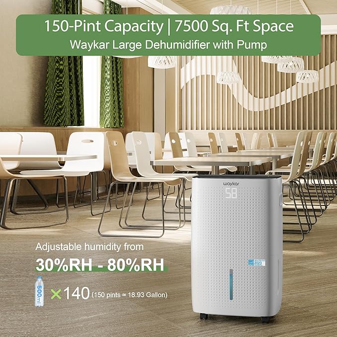 Waykar 150 Pints 7,500 Sq. Ft Energy Star Dehumidifier with Pump for Commercial and Industrial Large Room, Basement, Home, Storage, Warehouse with Drain Hose and Water Tank - Image 2