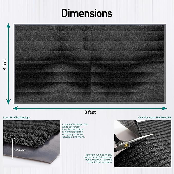 MaxMat® Extra Large 4x8 Rug Commercial Floor Mat, Feet Heavy Duty, Waterproof, Low-Profile, Easy to Clean, Rubber Entry Mat (RIB0035GY,Black) - Image 2