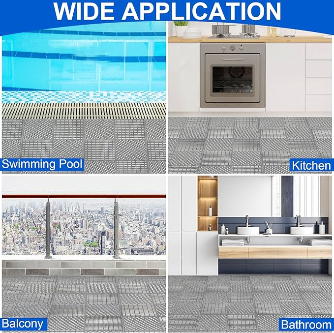 MYFAMIREA Modular Interlocking Cushion 12 Pack 11.8" x 11.8" Rubber Floor Tiles Non-Slip Splicing Drainage Mats for Deck, Pool, Shower, Patio, Balcony, Bathroom, Kitchen, Yard (2 Rows Dots, Gray) - Image 7
