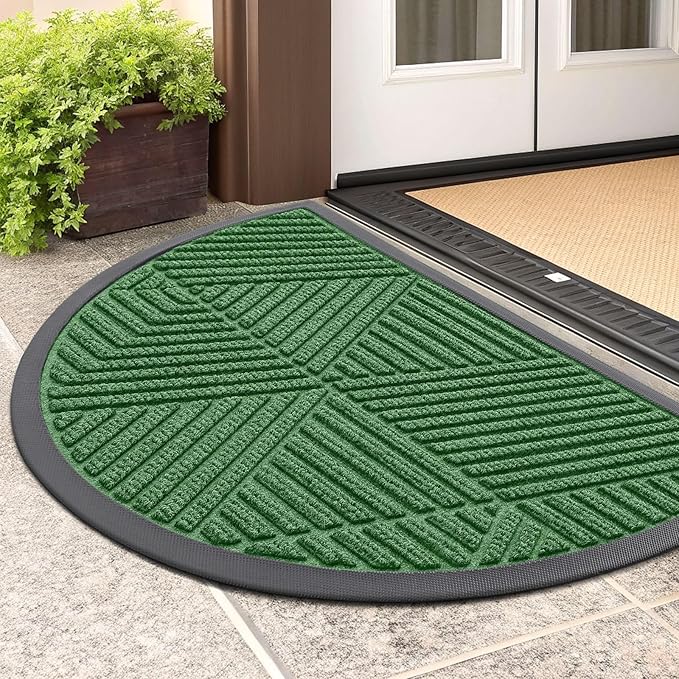 Smiry Half Circle Front Door Mat Outside Entrance, Heavy Duty Sturdy Natural Rubber Doormat, Trap Dirt and Moisture, Low Profile Mats for Indoor Outdoor Entry, Irregular Triangle (29.5x17, Green) by Smiry