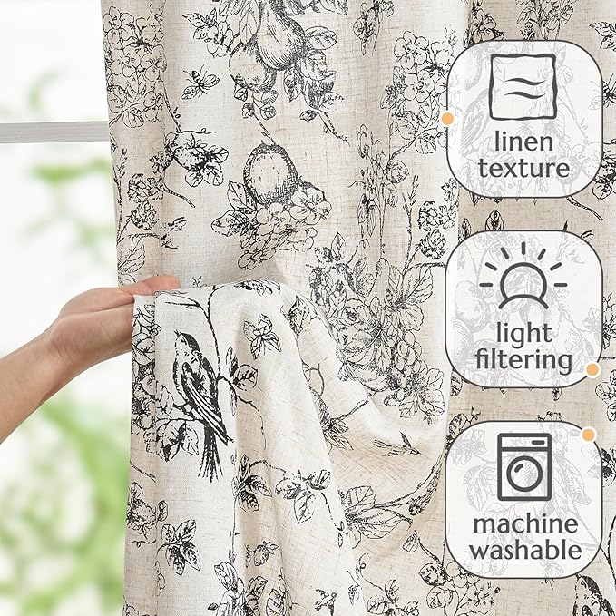 jinchan Linen Floral Curtains for Living Room 96 Inch Length Black Printed Flower Light Filtering French Country Curtain Farmhouse Cottage Core Toile Curtains Back Tab Window Drapes Set 2 Panels - Image 3