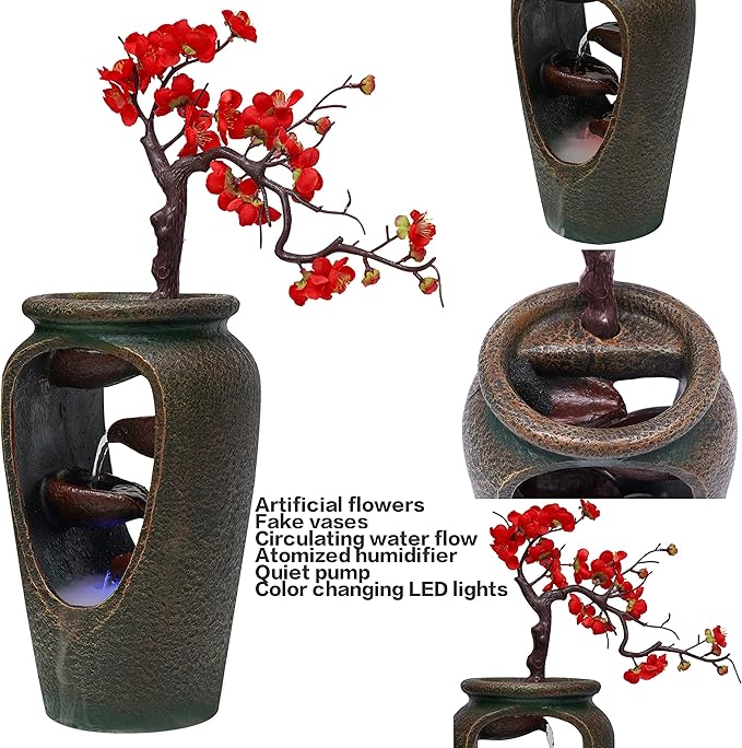 20Inch Tabletop Decorative Flower Vase Style Bonsai Waterfall Fountain Humidifier with LED Lights and Atomizer, Desktop Water Fountains for Any Dining Room, Living Room, Bedroom, Cafe Or Office - Image 3