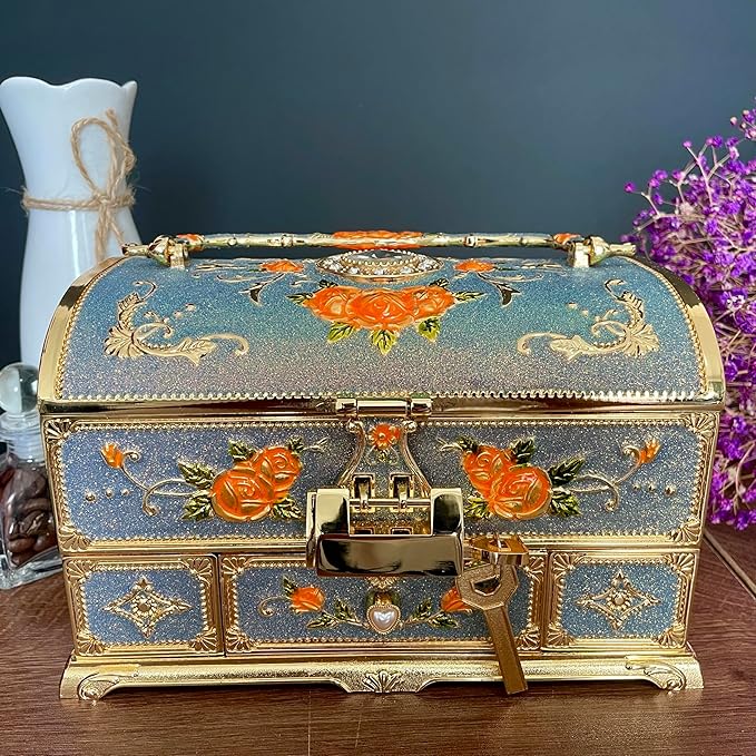 Retro Jewelry Box Arched Vintage Rectangular Metal Chest Necklace Ring Earrings Storage Case for Women Girls (Golden Starlight Blue-purple, XL Lock) - Image 2