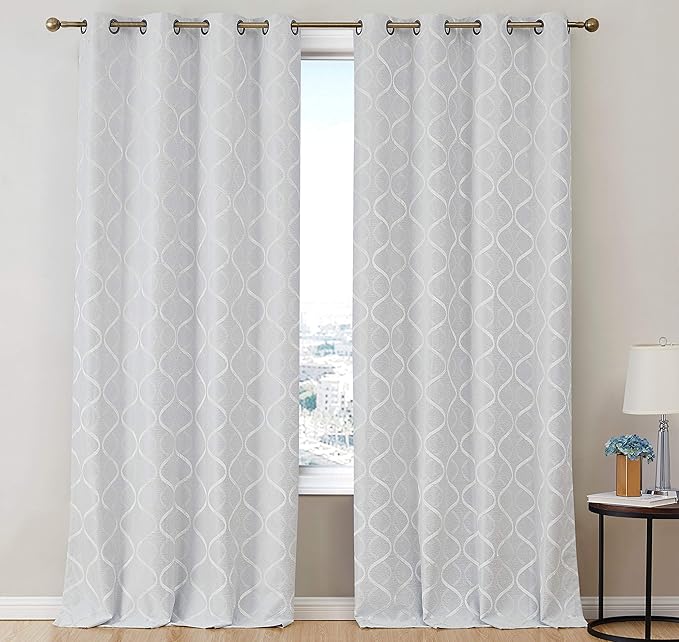 HLC.ME Versailles Lattice Flocked 100% Complete Blackout Thermal Insulated Window Curtain Grommet Panels - Energy Savings & Soundproof, For Living Room & Bedroom, Set of 2 (50 x 96 inches Long, White) - Image 2