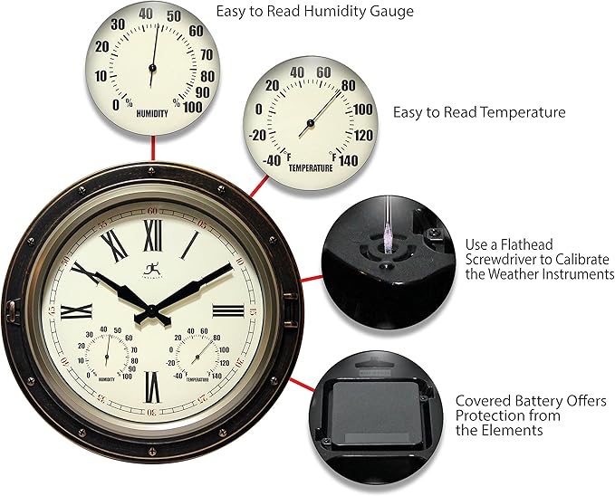 Infinity Instruments Forecaster Indoor/Outdoor Wall Clock, Thermometer, Hygrometer combo, Stylish Durable Waterproof Weather Station for your Home, 16 Inch, Bronze - Image 8