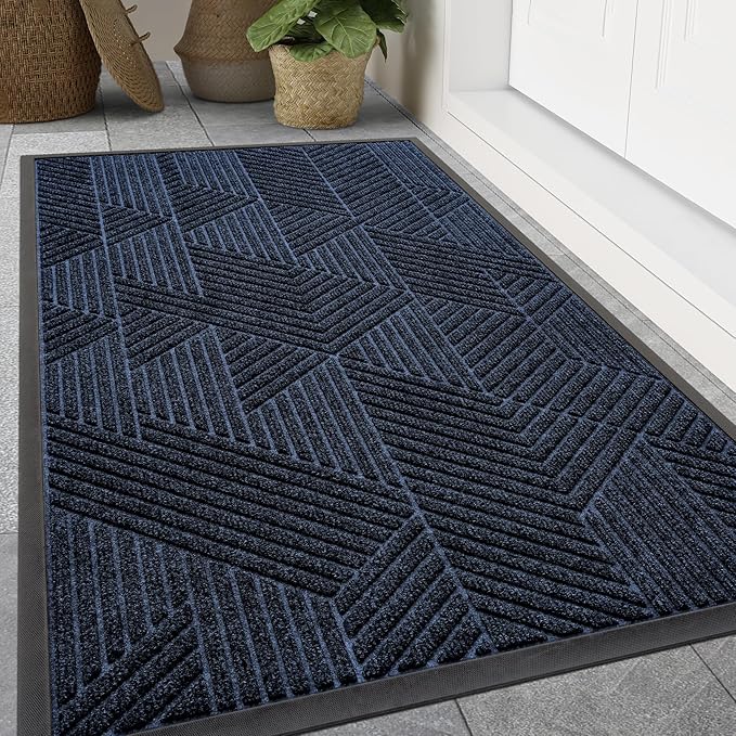 Smiry Front Door Mat Outside Entrance, Heavy Duty Sturdy Natural Rubber Doormat, Trap Dirt and Moisture, Easy Clean Low Profile Mats for Indoor Outdoor Entry, Irregular Triangle (59x20, Navy Blue) by Smiry