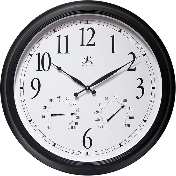Infinity Instruments 24 inch Classic Black Wall Clock Thermometer Humidity Outdoor | Round Outdoor Wall Clock | Outdoor Indoor Thermometer Clock Hygrometer | Great for Garage, Patio, Pool, Outdoors by InfinityInstruments
