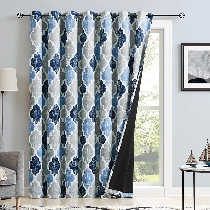 Beauoop 100% Blackout Curtains 84 Inches Long for Patio Sliding Door Blue Grey Extra Wide Moroccan Geo Room Darkening Thermal Soundproof Room Divider Grommet Window Treatment Drapes,100x84 Set of 1 - Image 2