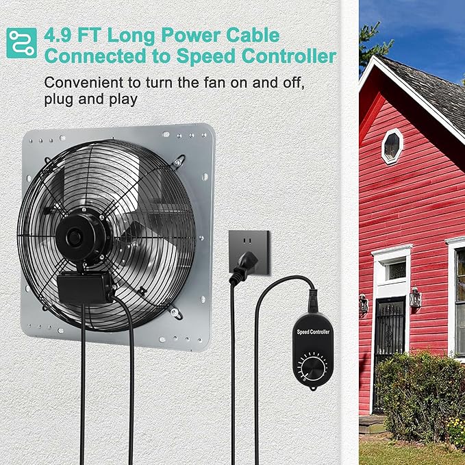 14 Inch Shutter Exhaust Fan with Speed Controller and Power Cord, High Power Wall Mount Attic Fan for Greenhouses, Sheds, Garages, Chicken Coops, Barns Ventilation, 1088 CFM - Image 6