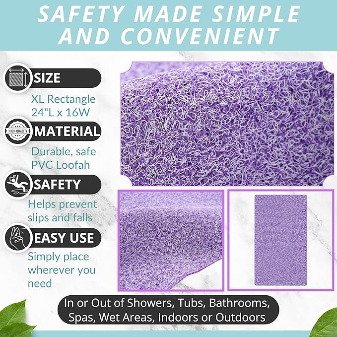 ENKOSI Loofah Non-Slip Shower and Bath Mat - Soft Cushioned Comfort - No Suction Cups for Smooth or Textured Tubs - Fast Draining - Safety for Bathroom, Family, Kids, and Elderly (24x16 Purple) - Image 3