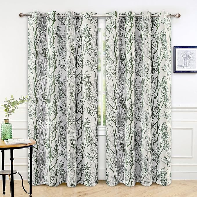 DriftAway Linen Printed Blackout Curtains Tree Branch Pattern Double Layer 84 Inches Long for Bedroom Thermal Insulated Summer Sound Lined Grommet Drapes for Living Room 2 Panels Loden Green/Linen by DriftAway