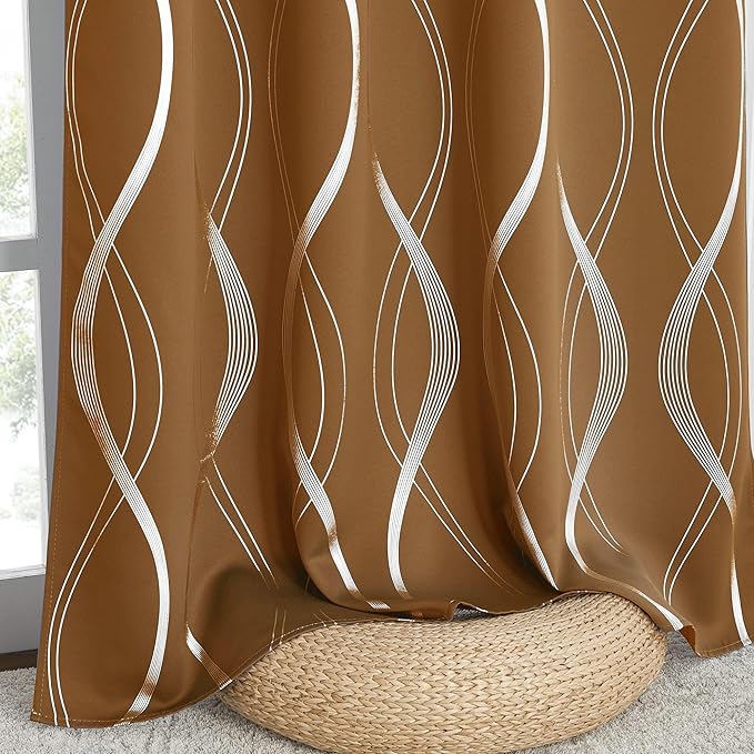 NICETOWN Gold Brown Blackout Fall Pattern Curtains for Living Room 84 inch Long, 52” Wide - Light Reducing Thermal Insulated Foil Printed Grommet Drapes for Bedroom and Nursery, 2 Panels by NICETOWN