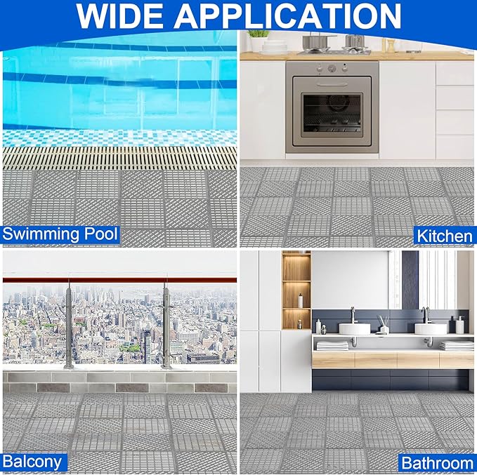 MYFAMIREA Modular Interlocking Cushion 12 Pack 11.8" x 11.8" Rubber Floor Tiles Non-Slip Splicing Drainage Mats for Deck, Pool, Shower, Patio, Balcony, Bathroom, Kitchen, Yard (Diagonal, Gray) - Image 7