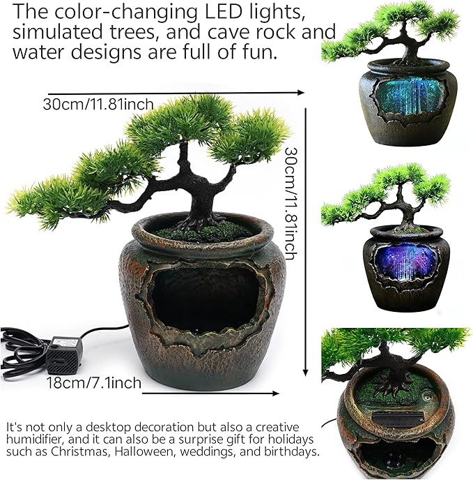 12Inch Fake Bonsai Tree Small Waterfall Fountain Indoor Tabletop Decoration with LED Lights and Water Flow, Resin Desktop Water Fountains Indoor Home Decor or Festival Birthday Surprise - Image 4