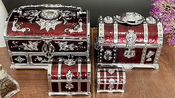 Retro Jewelry Box Arched Vintage Rectangular Metal Chest Necklace Ring Earrings Storage Case for Women Girls (Chrome Transparent Red, M) - Image 6