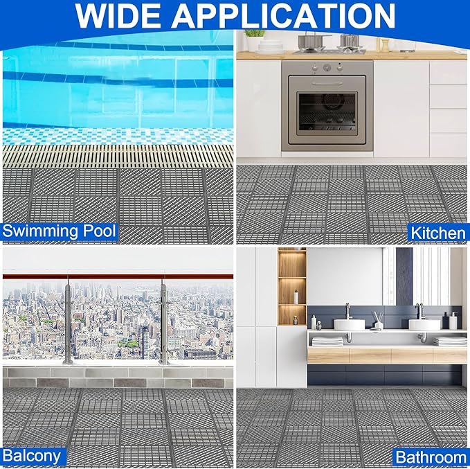 MYFAMIREA Modular Interlocking Cushion 12 Pack 11.8" x 11.8" Rubber Floor Tiles Non-Slip Splicing Drainage Mats for Deck, Pool, Shower, Patio, Balcony, Bathroom, Kitchen, Yard (2 Rows Dots, Dark Gray) - Image 7