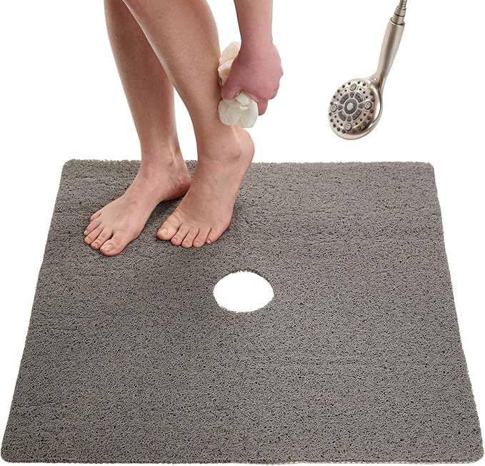 Enkosi Loofah Shower Mat with Drain Hole – Cushioned Anti-Slip Square Bath Mat for Showers, and Bathroom Floors – Textured PVC, Non Slip Safety Pad for Walk-in Stalls and Wet Areas (27x27 Grey) by ENKOSI