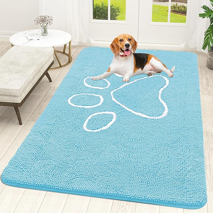 OLANLY Dog Door Mat for Muddy Paws 59x35, Paw Print Design, Absorbs Moisture and Dirt, Absorbent Non-Slip Washable Doormat, Quick Dry Chenille Mud Mat for Dogs, Entry Indoor Entryway Carpet, Blue by OLANLY