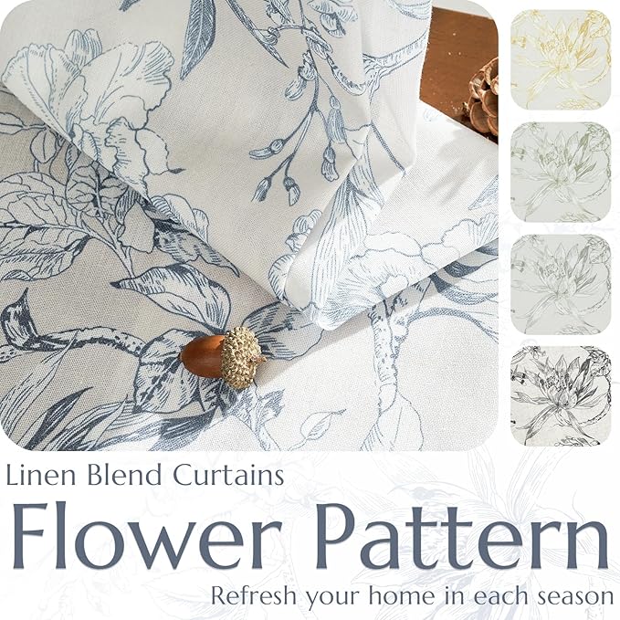 jinchan Floral Curtains 108 Inch Length Blue Flower Linen Farmhouse Curtain for Living Room French Country Vintage Curtain Rod Pocket Curtains Set 2 Panels Blue Floral Printed - Image 5