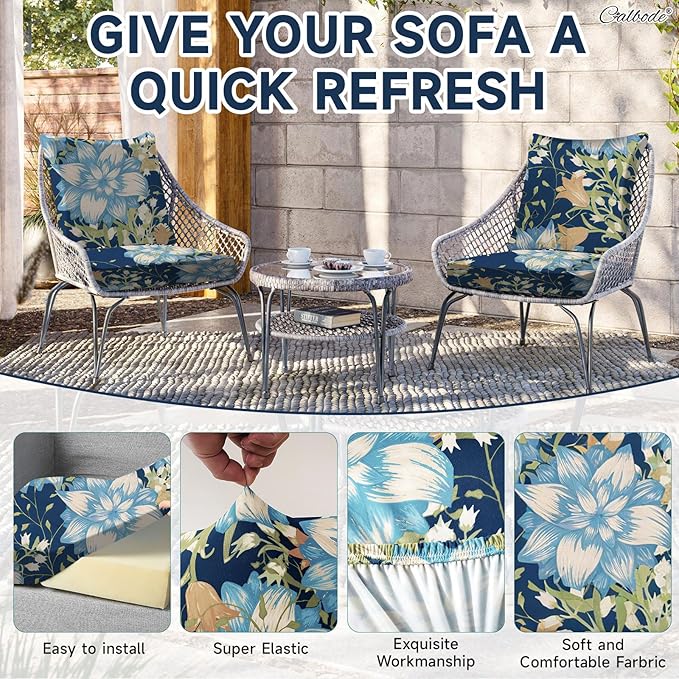 8Pcs Stretch Patio Cushion Cover, Printed Couch & Sofa Slipcovers for Patio Furniture Cushions Washable Reusable Couch Covers Replacement for Autumn Winter (Dark Blue Floral, Cover Only) - Image 5