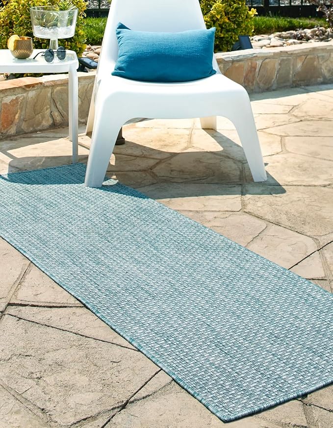 Unique Loom Collection Casual Transitional Solid Heathered Indoor/Outdoor Flatweave Area Rug (2' x 6' 1" Runner, Aquamarine/Ivory) - Image 2
