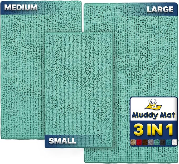 Muddy Mat® Pack of 3 Highly Absorbent Microfiber Dog Door Mat and Pet Rug, Non Slip Thick Washable Area Mat Soft Chenille for Kitchen Bathroom Bedroom and Outdoor - Sea Green Small, Medium & Large by MuddyMat%C2%AE
