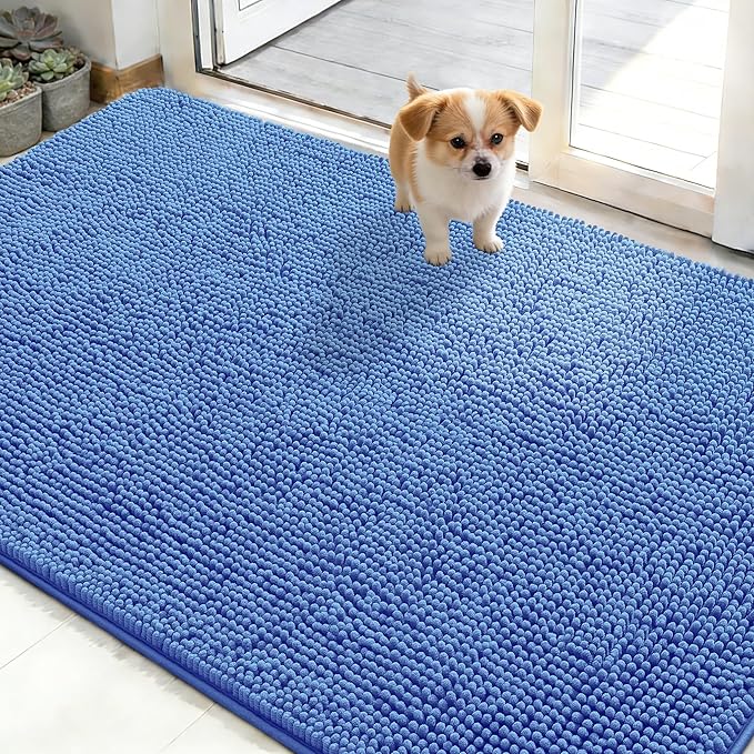OLANLY Dog Door Mat for Muddy Paws 48x30, Absorbs Moisture and Dirt, Absorbent Non-Slip Washable Doormat, Quick Dry Chenille Mud Mat, Entry Indoor Entryway Carpet for Inside Floor, Cornflower Blue by OLANLY