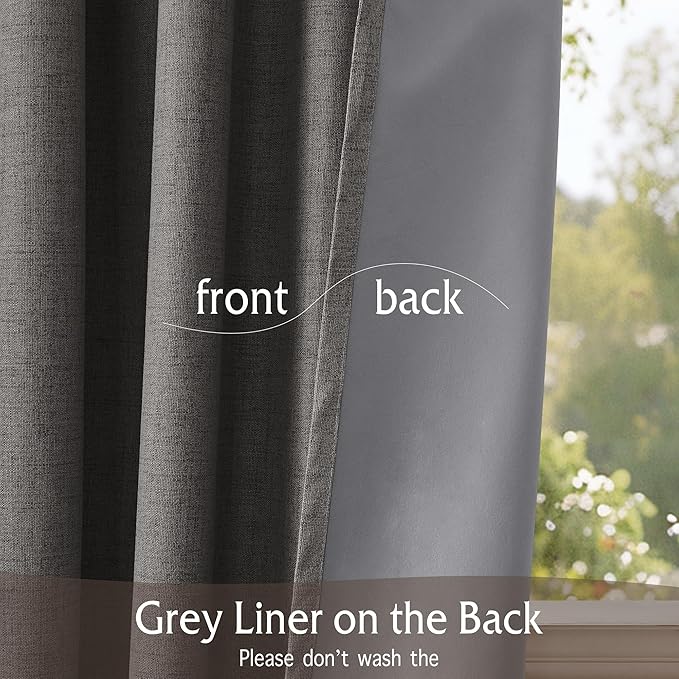 RYB HOME 100% Blackout Linen Textured Curtains 96 inches Long, Thermal Insulating Privacy Energy Saving for Bedroom Living Room Window Office Theater Baby Nursery, W 52 x L 96 in, Grey, 2 Panels - Image 3