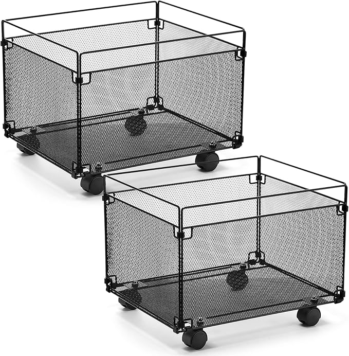 Harloon 2 Pack Mesh Rolling File Carts with Wheels Hanging Files Metal File Crate Organizer Black Rolling Organizer Foldable Storage Cart Box for Folders Office Supplies, Black, 15" x 13" x 10" by Muasung