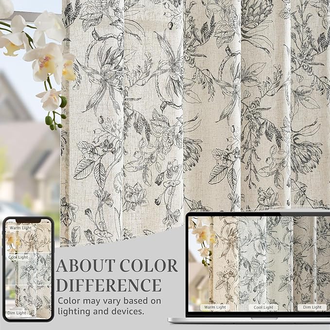 jinchan Floral Curtains 96 Inches Long Black Flower Linen Farmhouse Curtain for Living Room French Country Vintage Curtain Rod Pocket Curtains Set 2 Panels Balck Floral Printed - Image 6