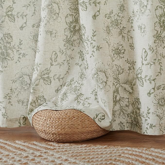 jinchan Pinch Pleated Curtains Floral Linen Blend Curtains for Living Room 63 Inch Length Green Peony Flower Printed Curtain Rod Pocket Back Tab Farmhouse Drapes with Hooks Set 2 Panels - Image 4