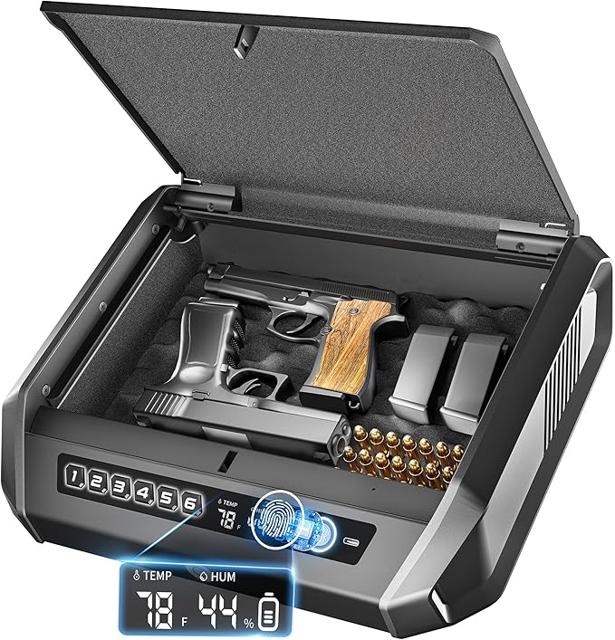 Gun Safe with LCD Display, ≤0.1s Quick Access Handgun Safe for 2-4 Pistols, Hand Gun Lock Box with Fingerprint | Keypad | and Keys for Home Drawer Bedside Nightstand by TOPMEDATopMedalSafe