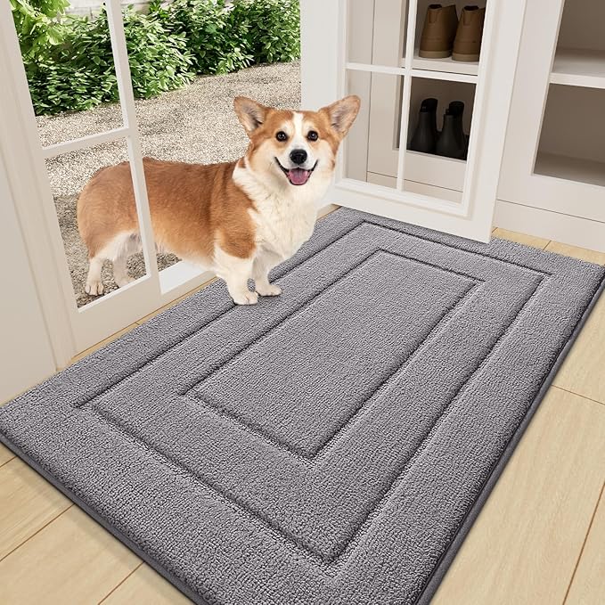 Smiry Dog Door Mat for Muddy Paws, Absorbs Moisture and Dirt, Low-Profile Entryway Mat with Non-Slip Backing, Entry Indoor Outdoor Doormat for Inside Floor (36x24 Inches, Grey, Bordered) by Smiry