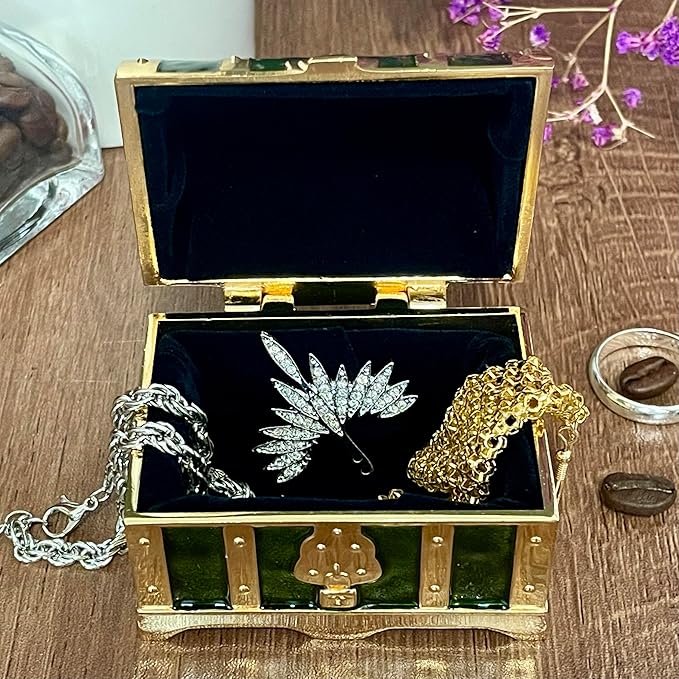 Retro Jewelry Box Arched Vintage Rectangular Metal Chest Necklace Ring Earrings Storage Case for Women Girls (Golden Transparent Green, S) - Image 2