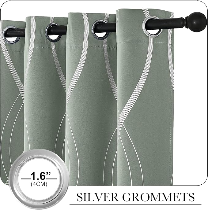 NICETOWN Greyish Green Curtain Panels for Bedroom, 2 Panels, 52 x 84 inch, Thermal Insulated Wave Line Foil Print Design Drapes for Patio Sliding Glass Door Spring Home Decor - Image 3