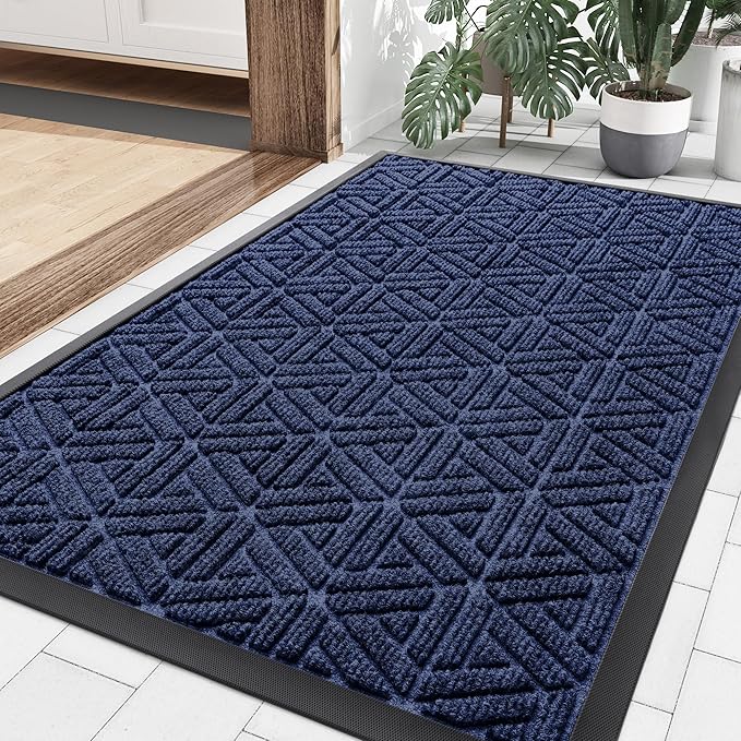 Smiry Front Door Mat Outside Entrance, Heavy Duty Sturdy Natural Rubber Doormat, Trap Dirt and Moisture, Easy Clean Low Profile Mats for Indoor Outdoor Entry, Grid Geometric (35x23, Navy Blue) by Smiry