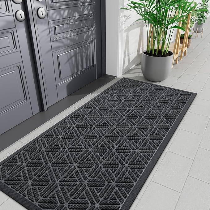 Smiry Front Door Mat Outside Entrance, Heavy Duty Sturdy Natural Rubber Doormat, Trap Dirt and Moisture, Easy Clean Low Profile Mats for Indoor Outdoor Entry, Grid Geometric (71x23, Grey) by Smiry