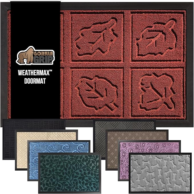 GORILLA GRIP 100% Waterproof All-Season WeatherMax Doormat, US Designed Natural Rubber, Stain and Fade Resistant, Low Profile Indoor Outdoor Door Mats, Easy Clean Patio Mat, 17x29, Burgundy Leaves by GorillaGrip
