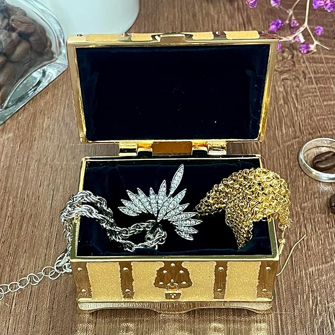 Retro Jewelry Box Arched Vintage Rectangular Metal Chest Necklace Ring Earrings Storage Case for Women Girls (Golden Starlight Yellow, S) - Image 2